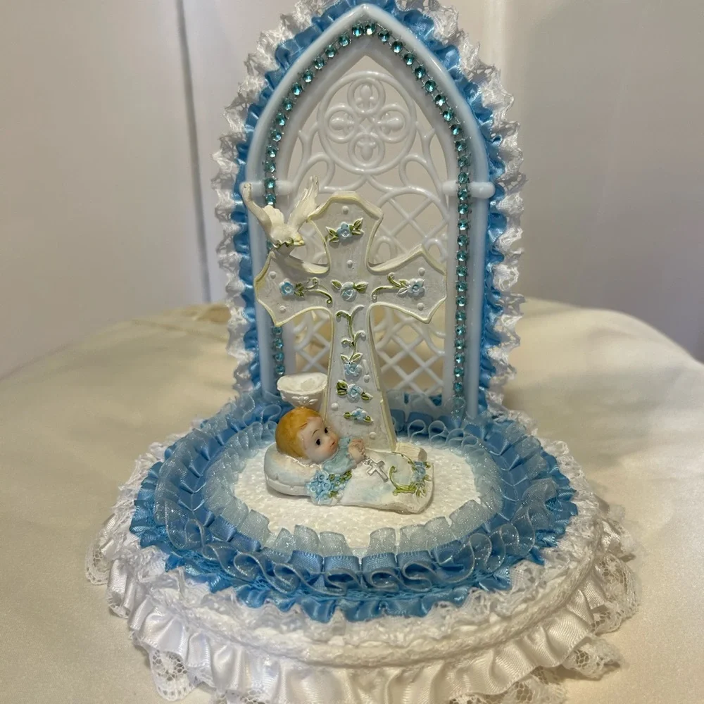 Charming Blue and White Baby Christening Cake Topper